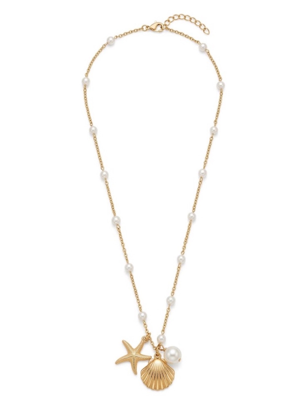 Gold Pearl Shell & Starfish Charm Necklace - Women Jewelry